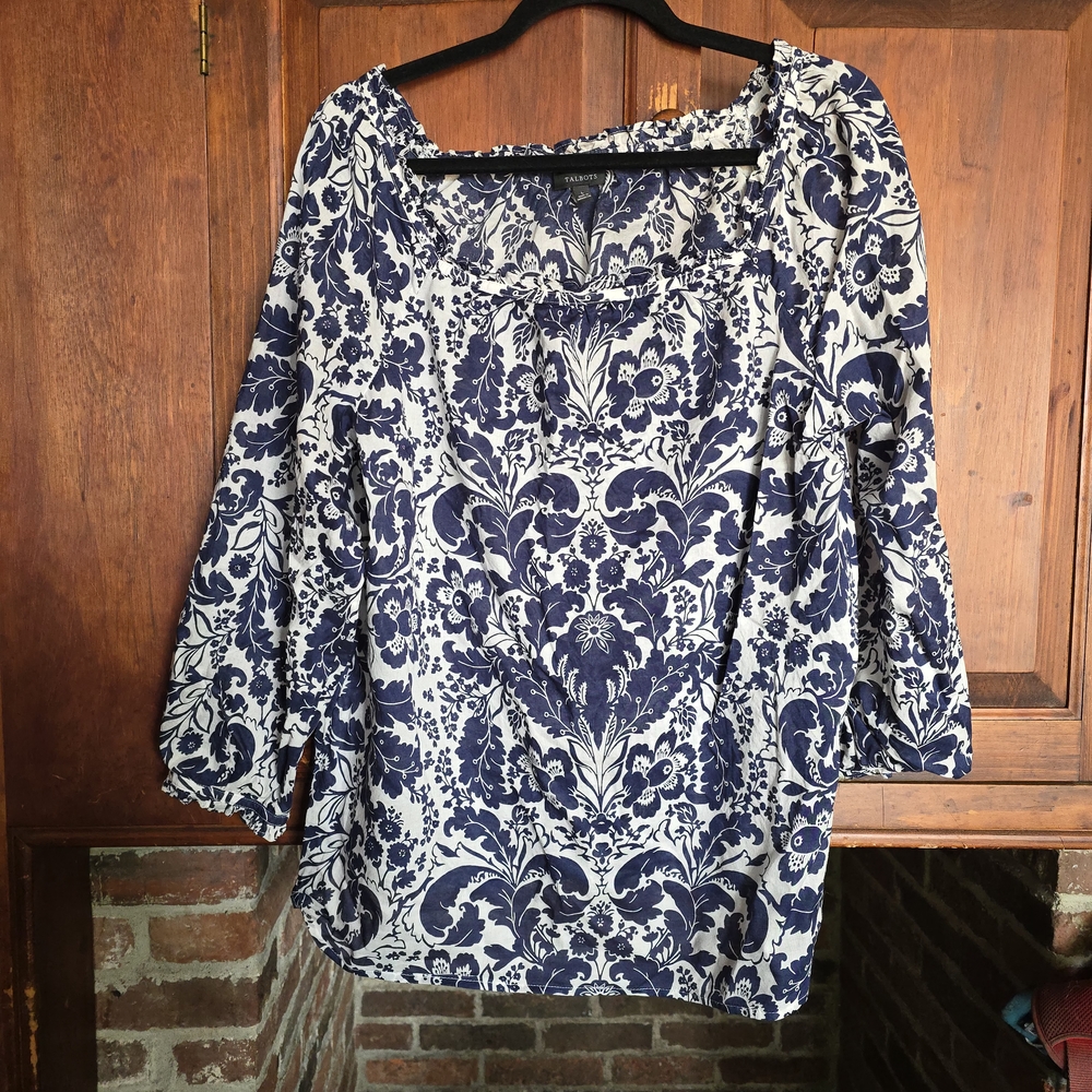 Talbots Opulent Floral Square Neck Top - Blue and White - Large - 100% Cotton